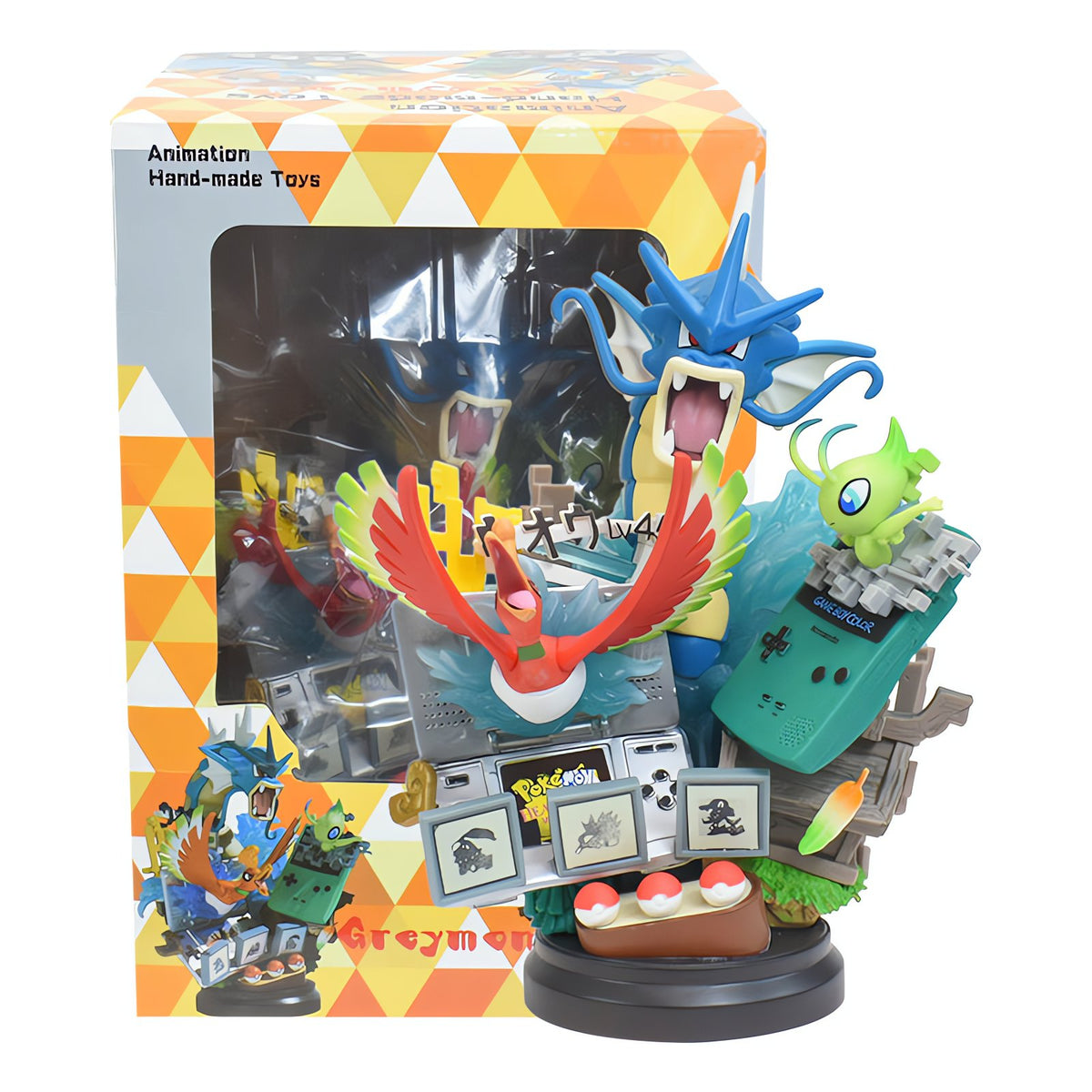Gyarados statue bursting from a Game Boy and Switch – Blue Gyarados