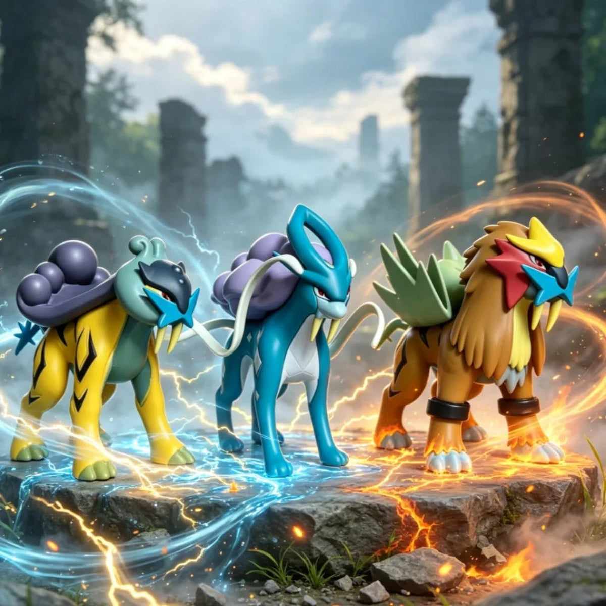Suicune, Entei and Raikou figures, approx. 10cm