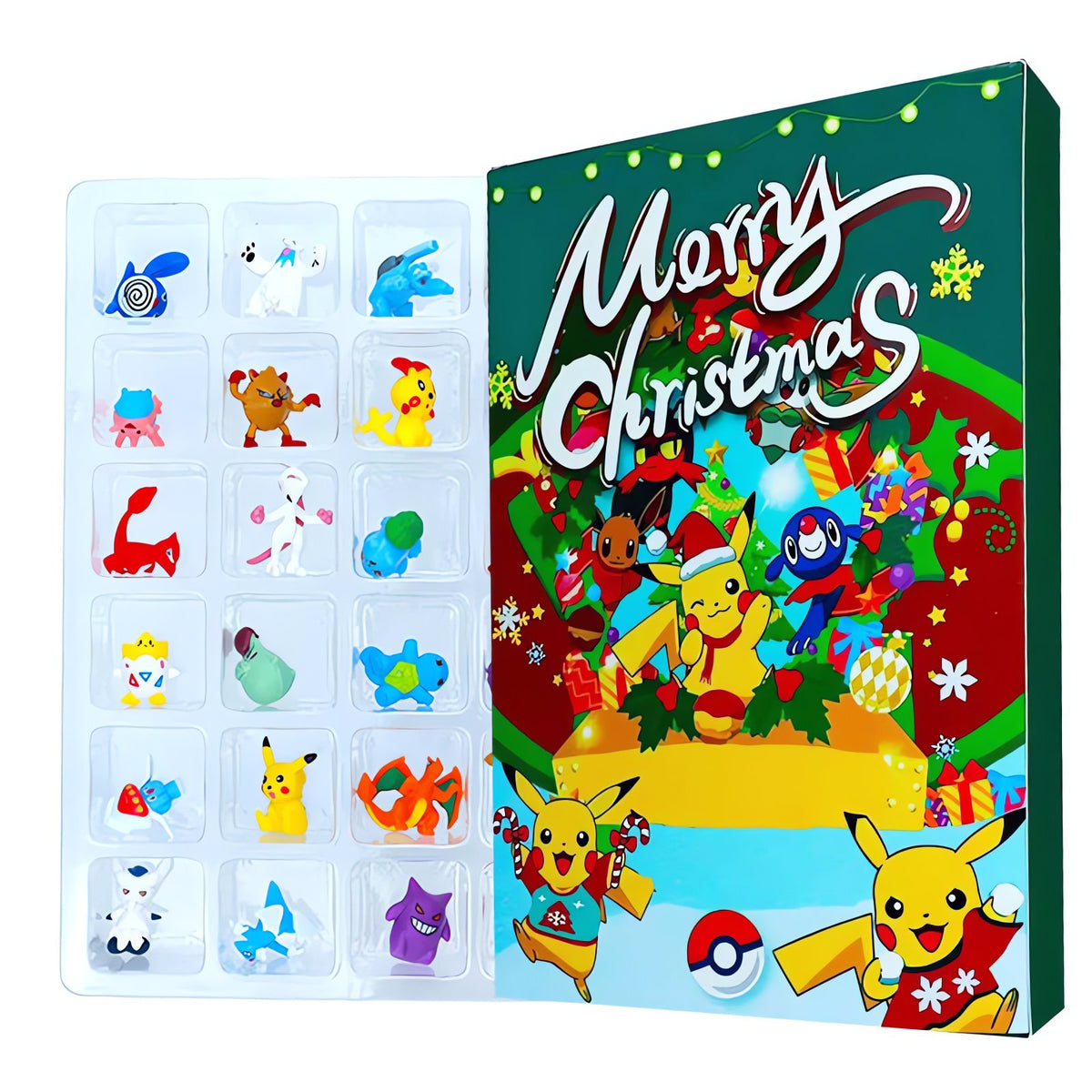 Pikachu advent calendar with green Merry Christmas design
