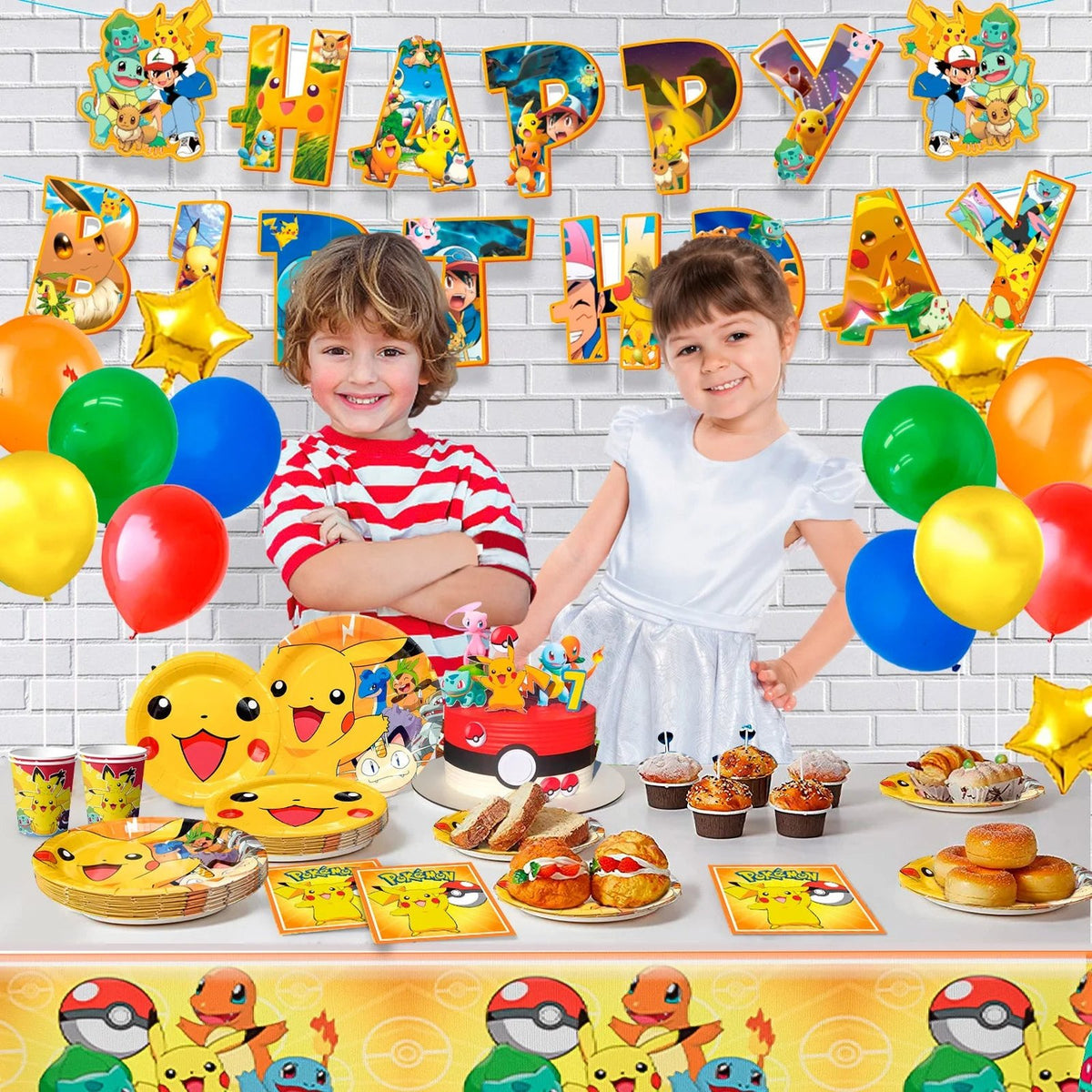 Pikachu birthday party set with plates, cups and banner – photo 2
