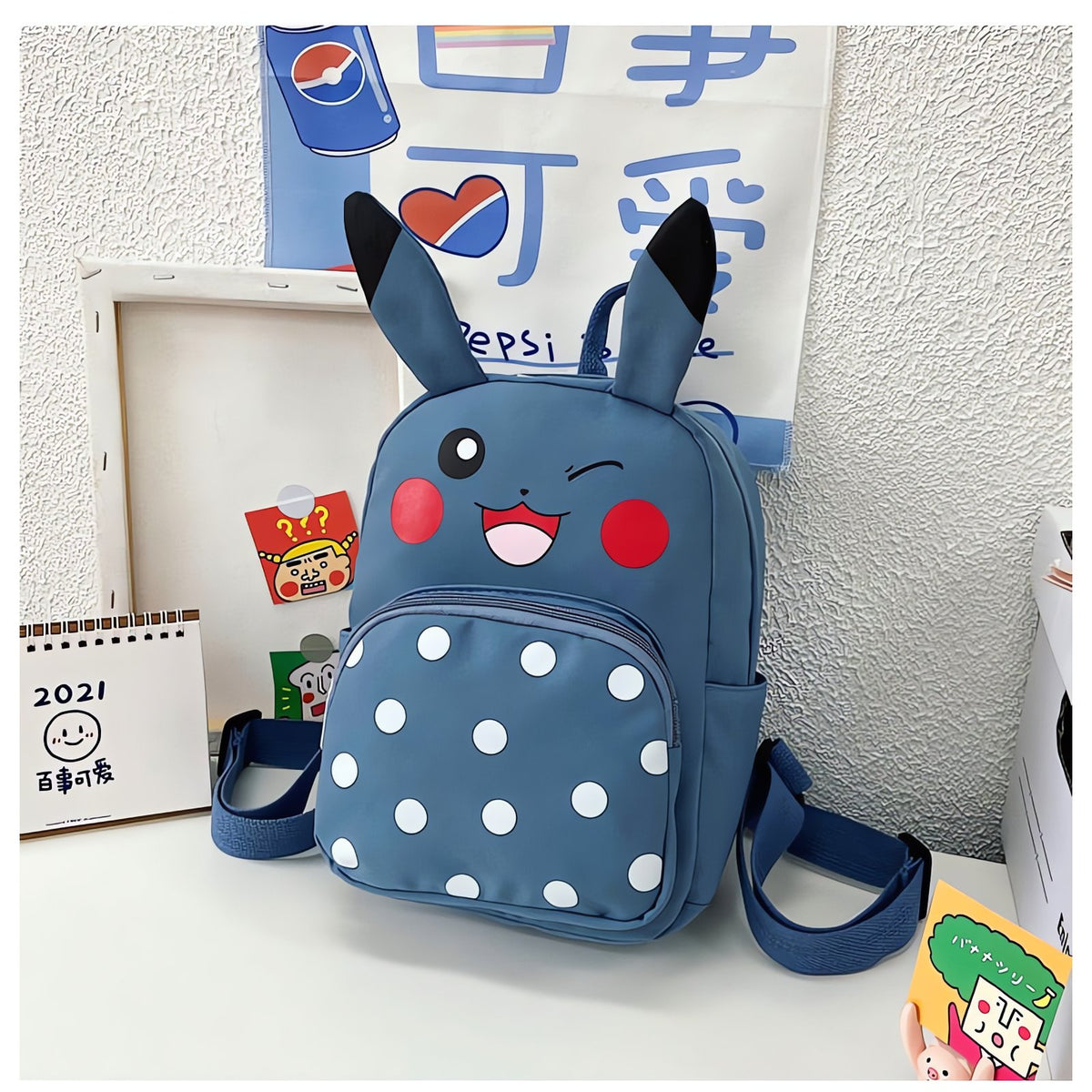 Pikachu backpack with dot design – Blue