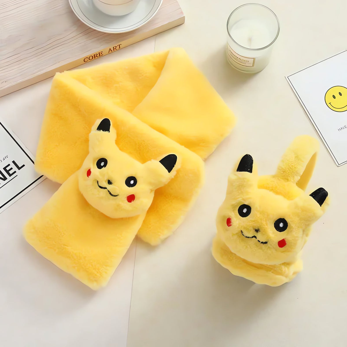 Pikachu fleece scarf and earmuffs for kids