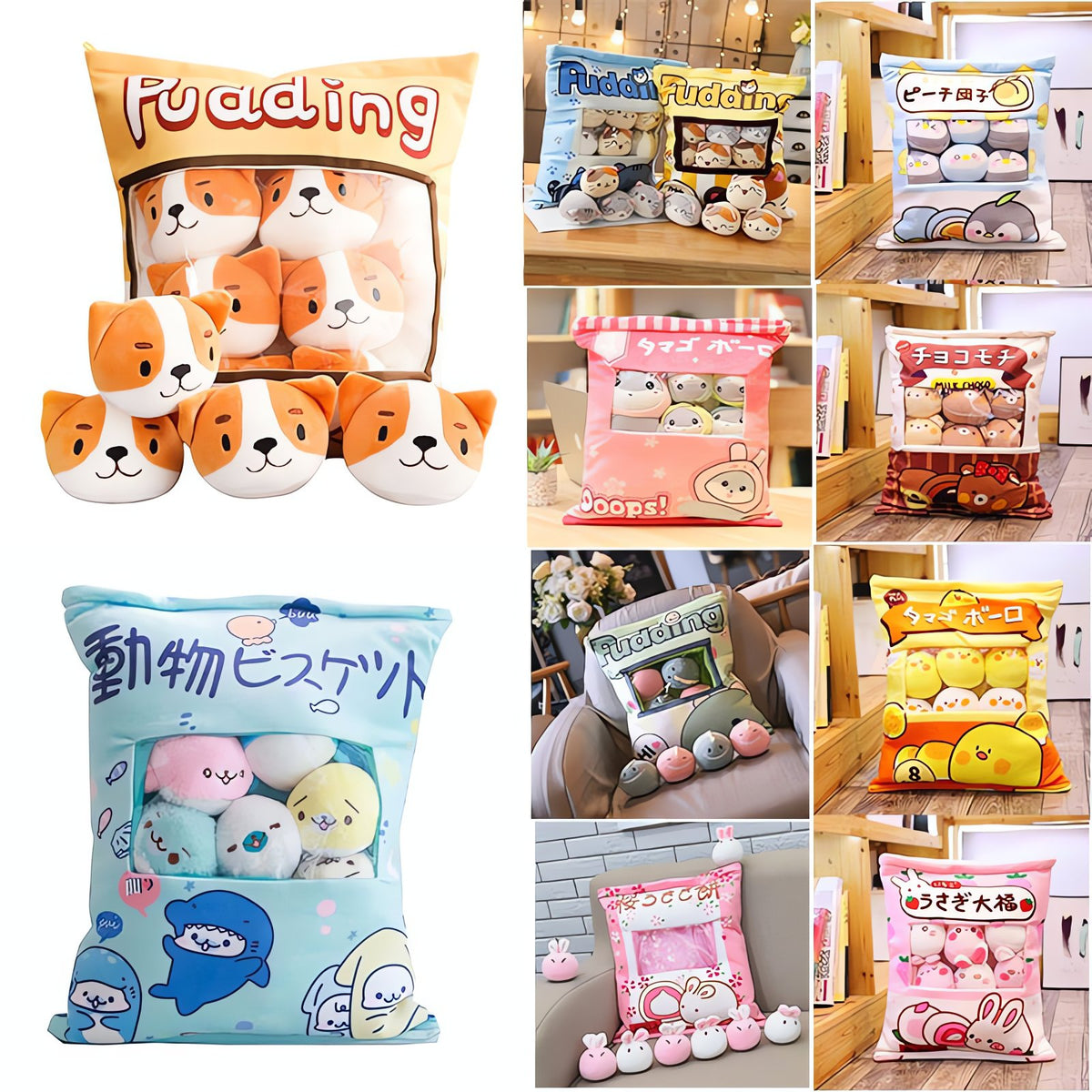 Pikachu plush bag cushion with 8 plush figures