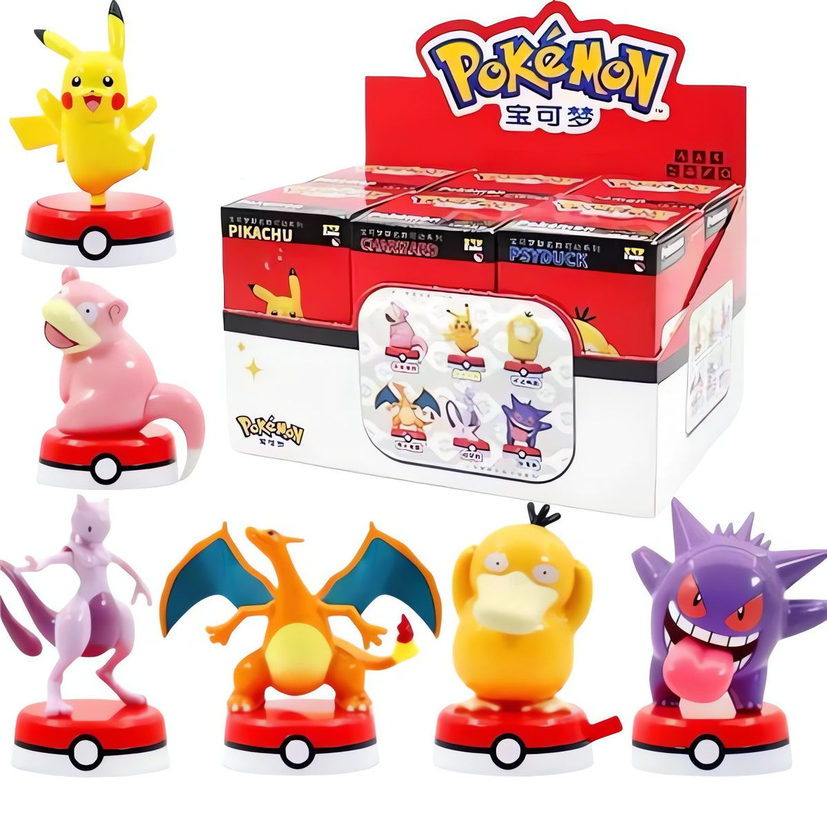 Set of six Pokémon figures on Poké Ball bases