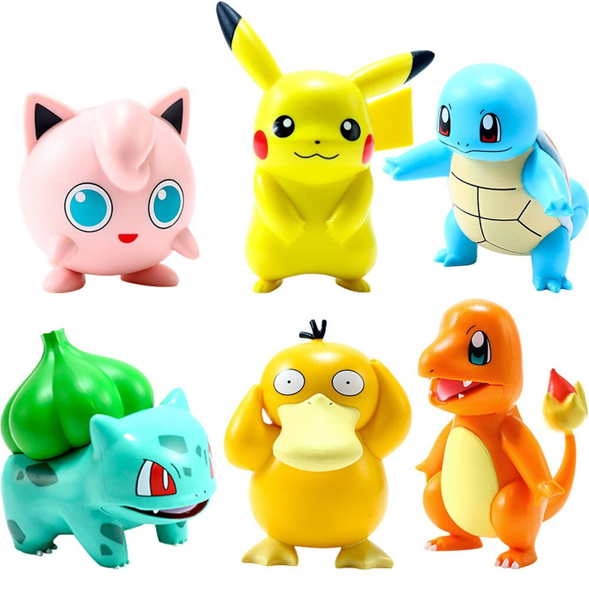 Six Pokémon figures including Pikachu and Squirtle