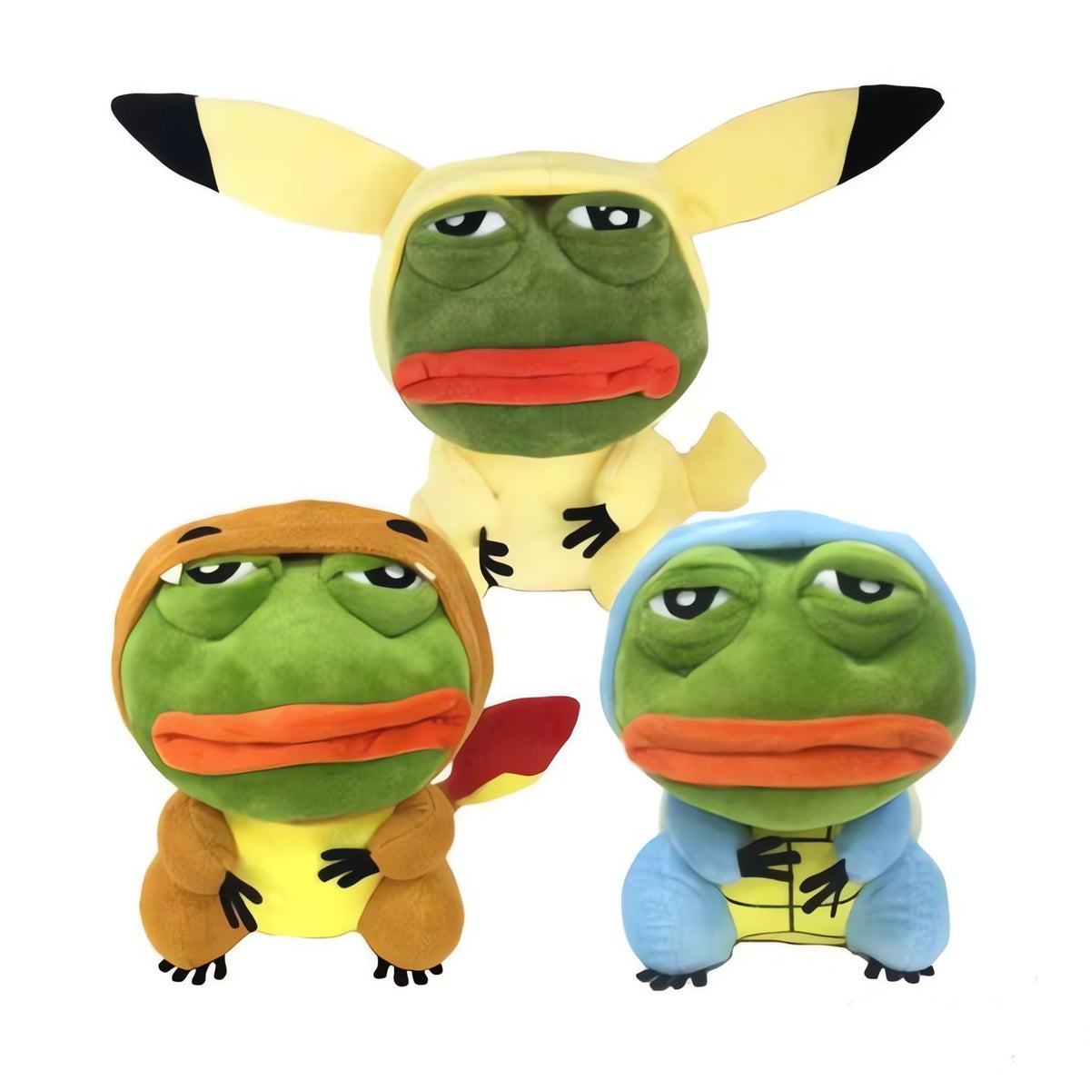 Sad Frog plush dressed in a Pokémon costume