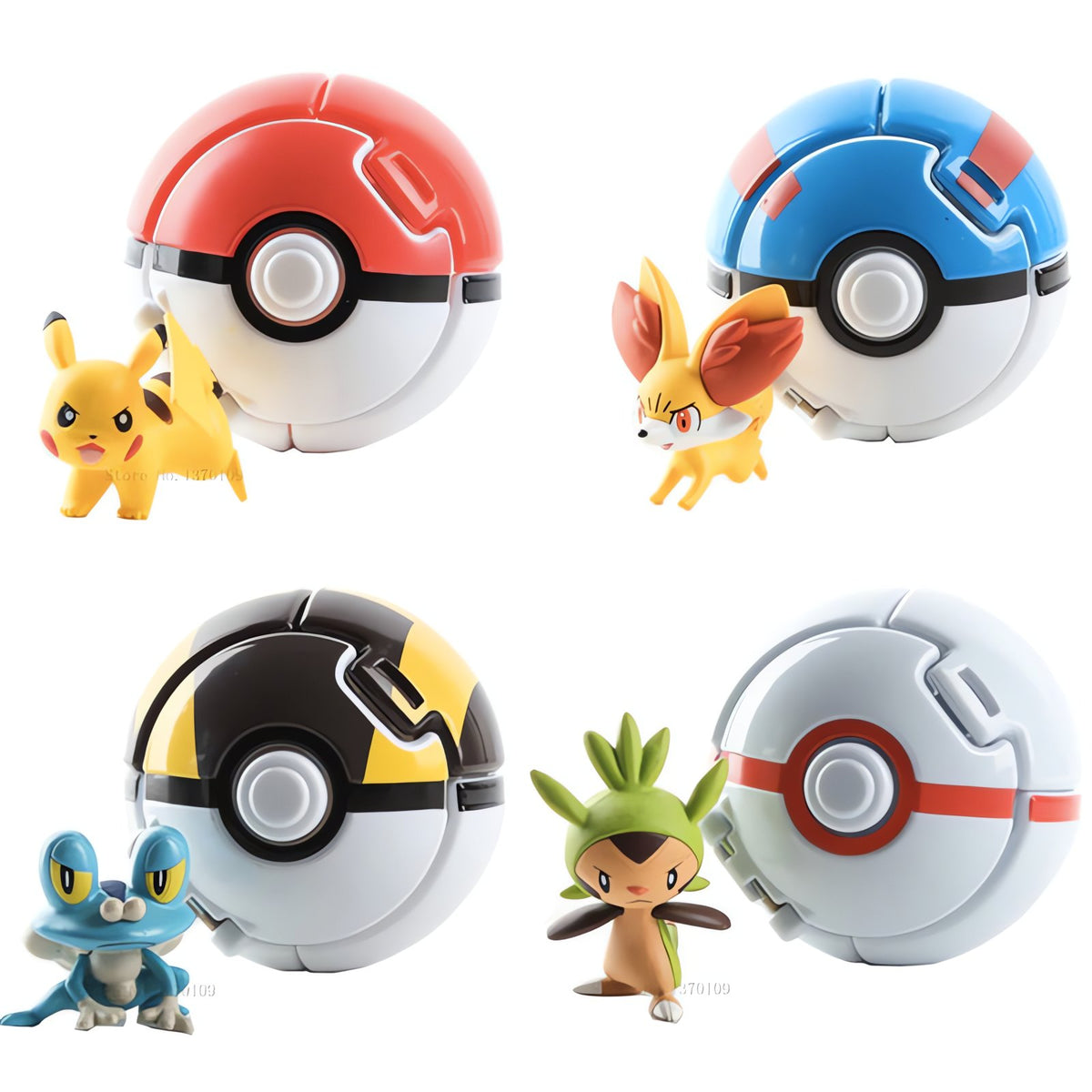 Set of four Poké Balls with Pokémon figures