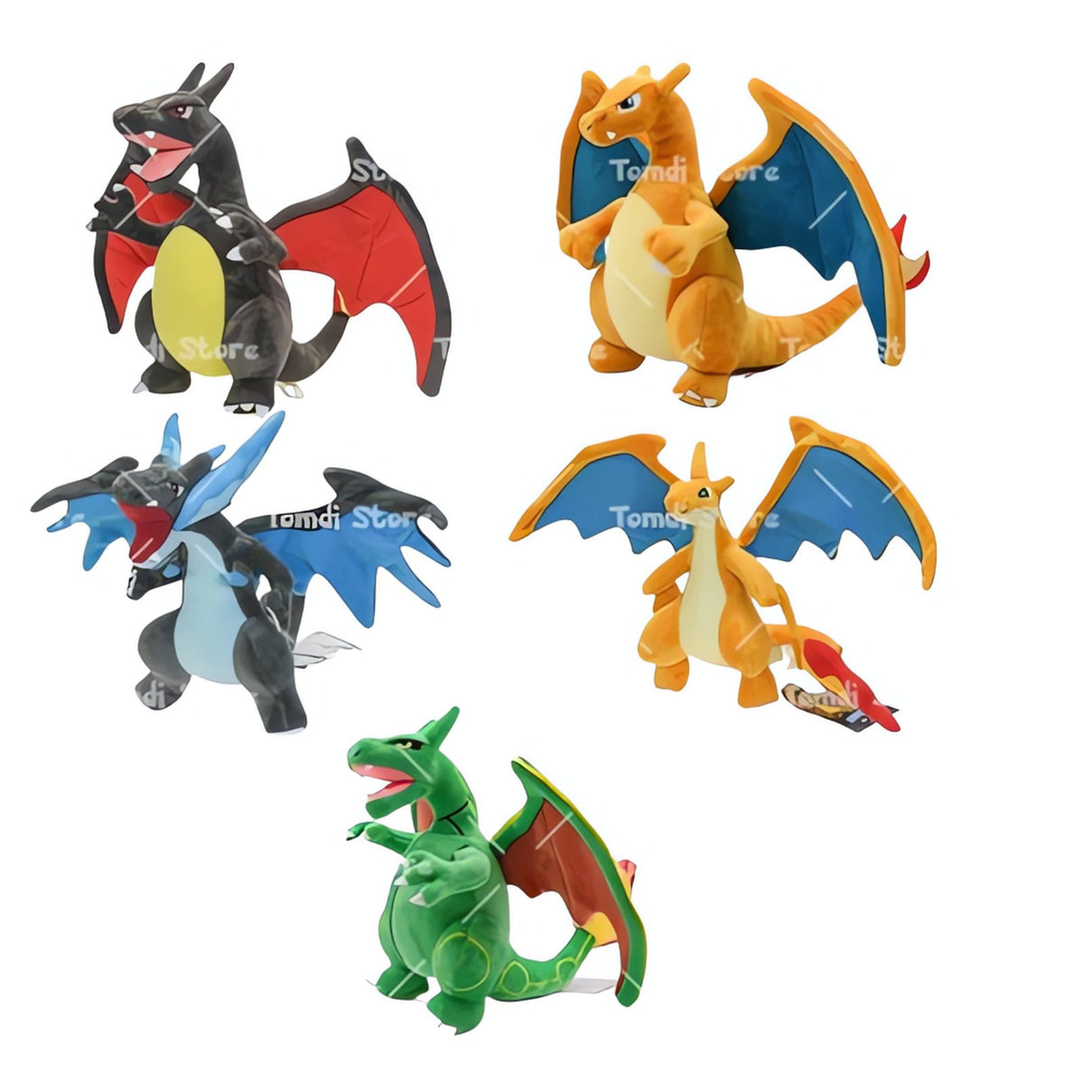 Set of five Charizard evolution plush toys