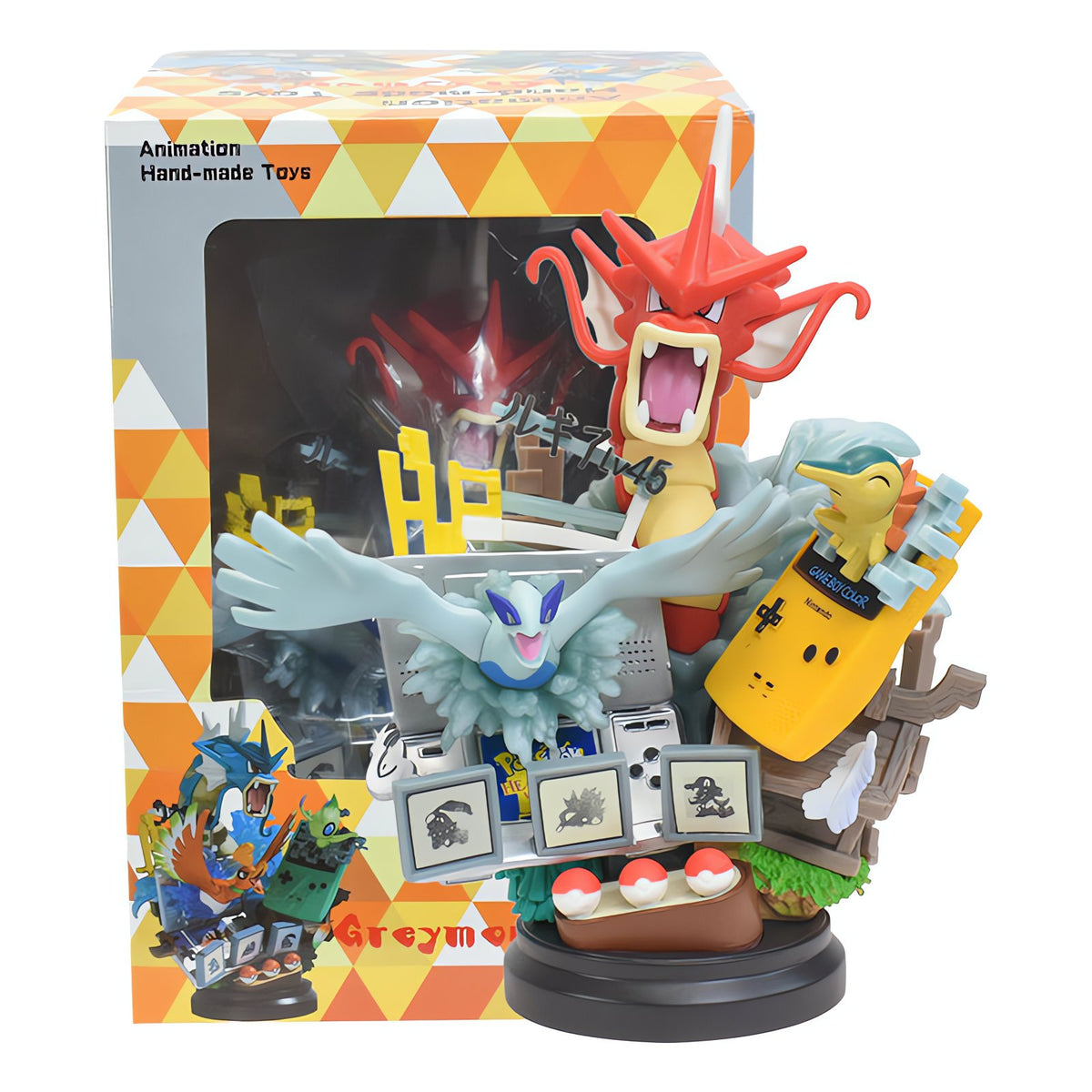 Gyarados statue bursting from a Game Boy and Switch – Red Gyarados