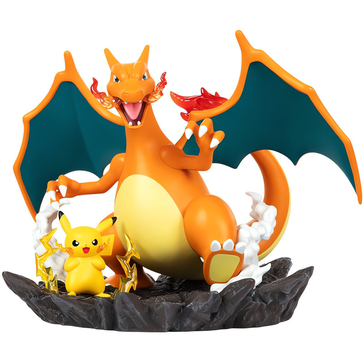 Charizard and Pikachu statue on a rocky base