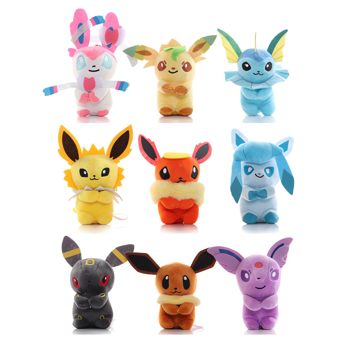 Set of nine Eevee and evolution plush toys