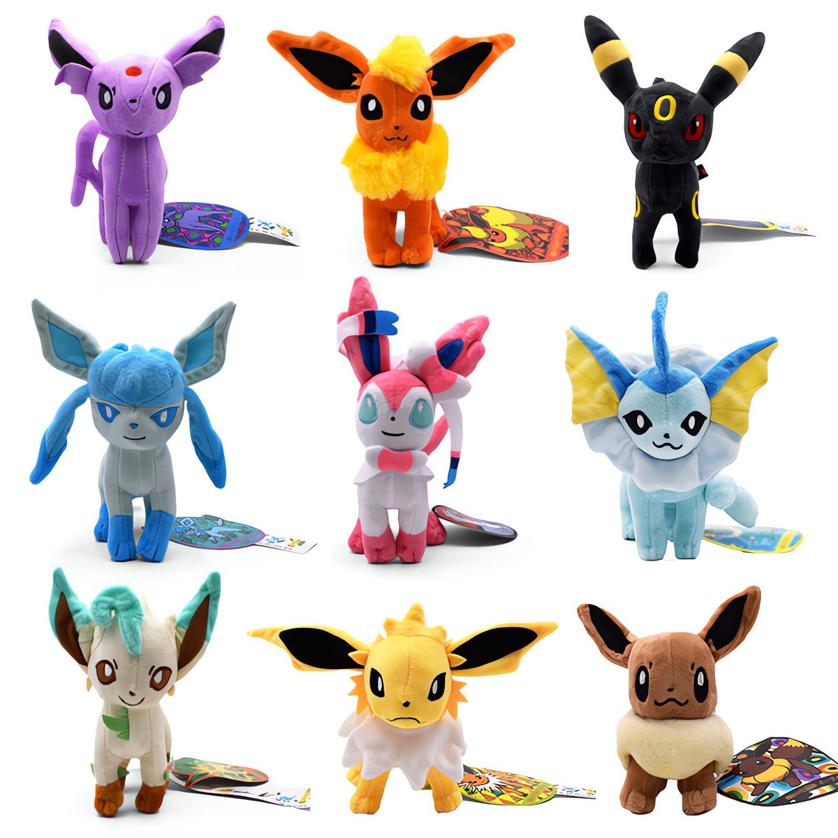 Set of nine Eevee evolution plush toys