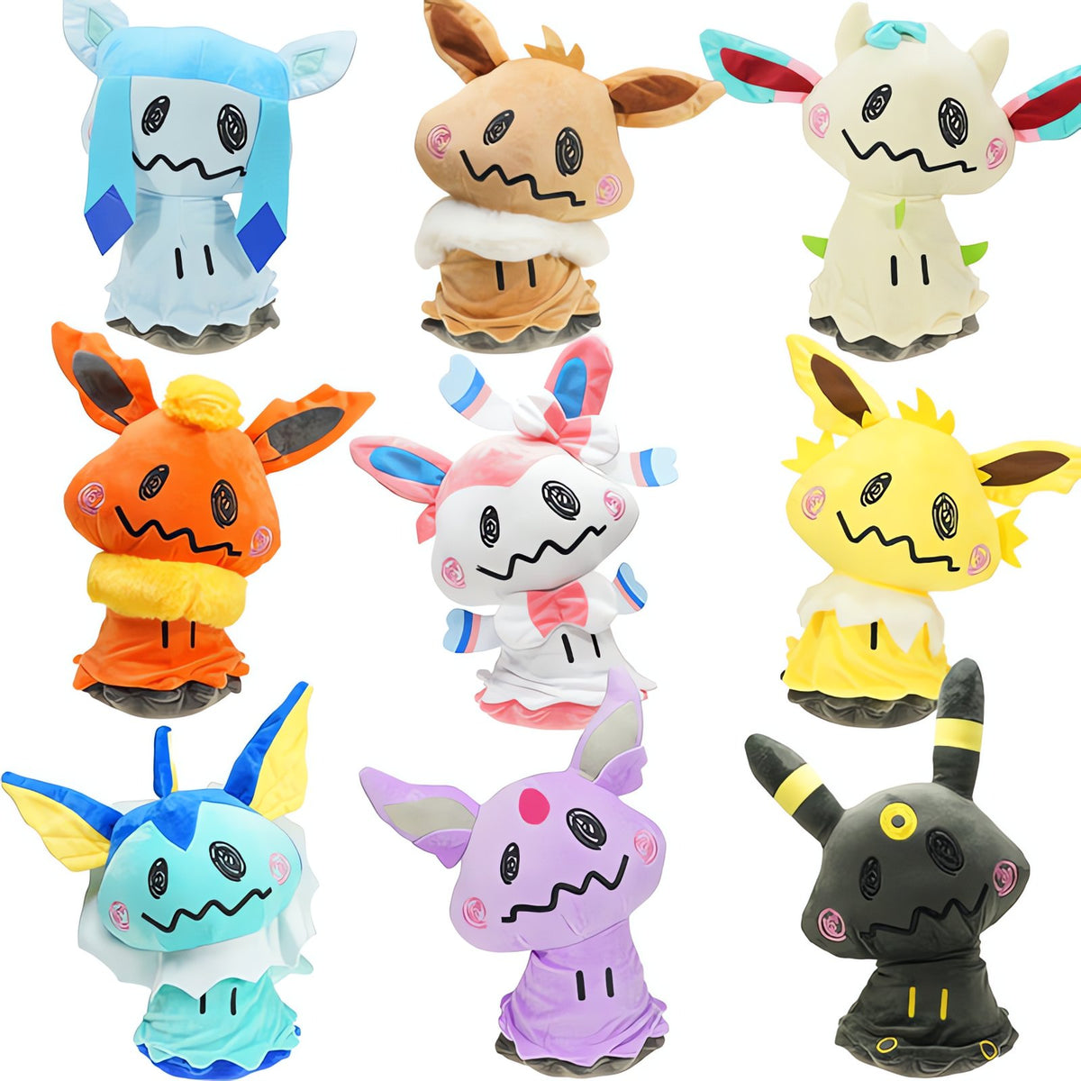 Eevee and Mimikyu cosplay plush toys in several colours