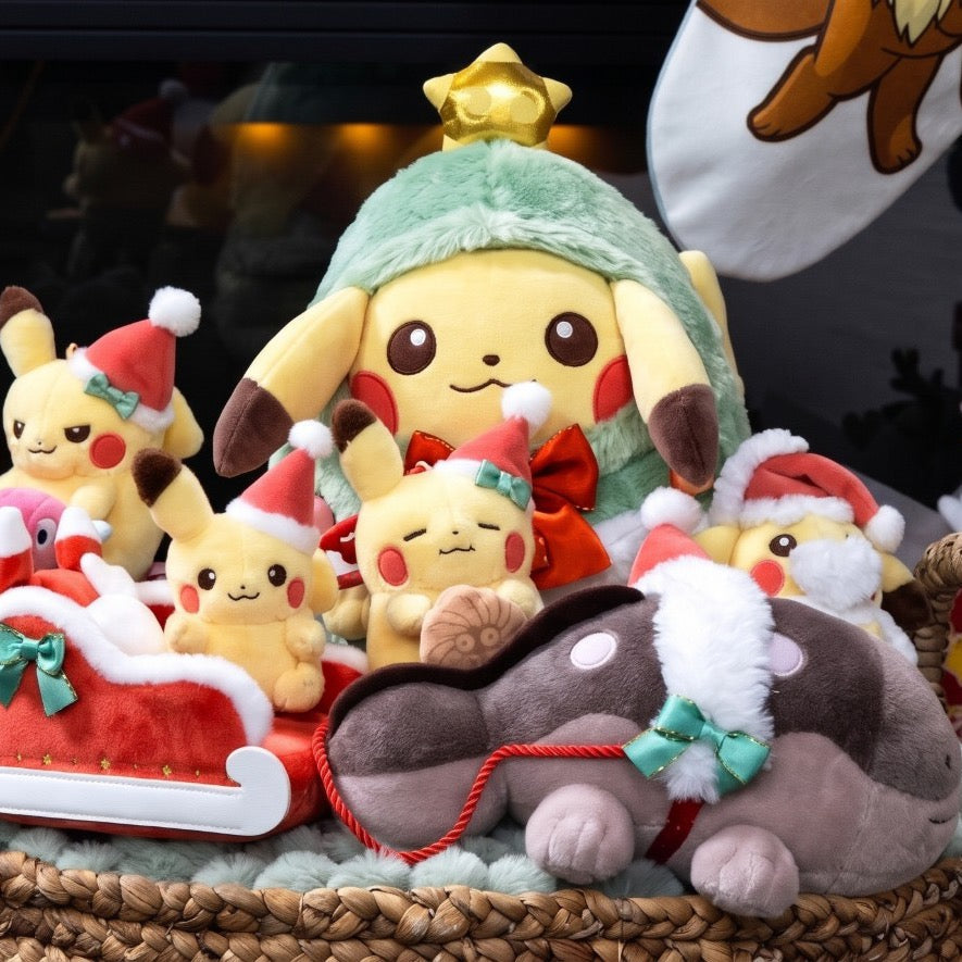 Pokémon Christmas plush toys with Pikachu in a festive basket