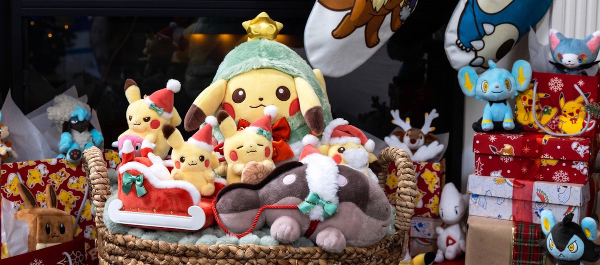 Pokémon Christmas plush toys with Pikachu in a festive basket