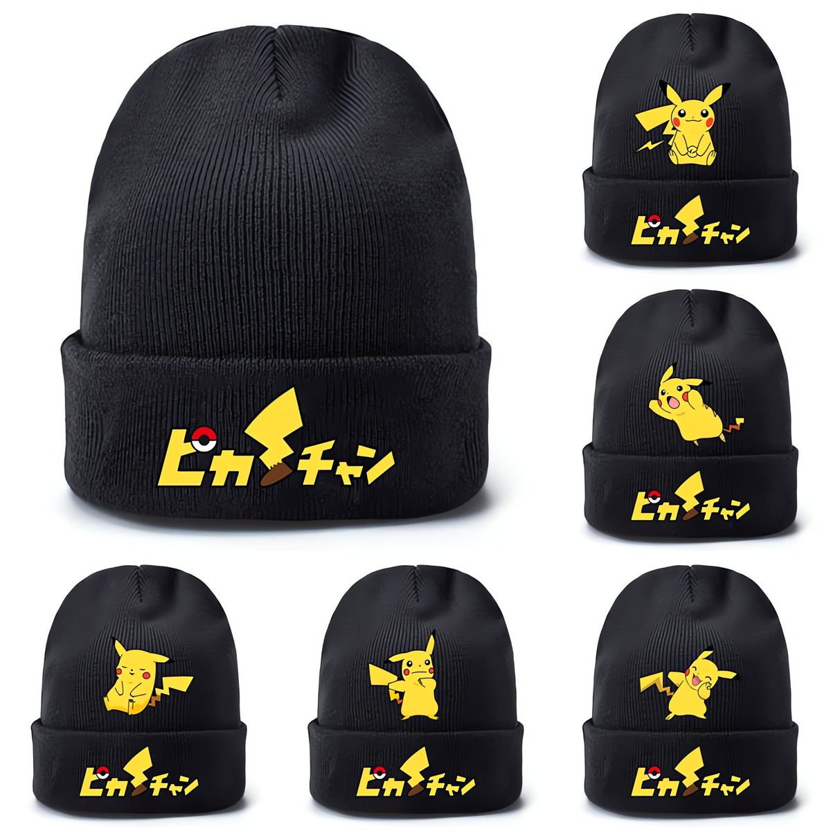 Black knitted Pikachu beanie hat with yellow print