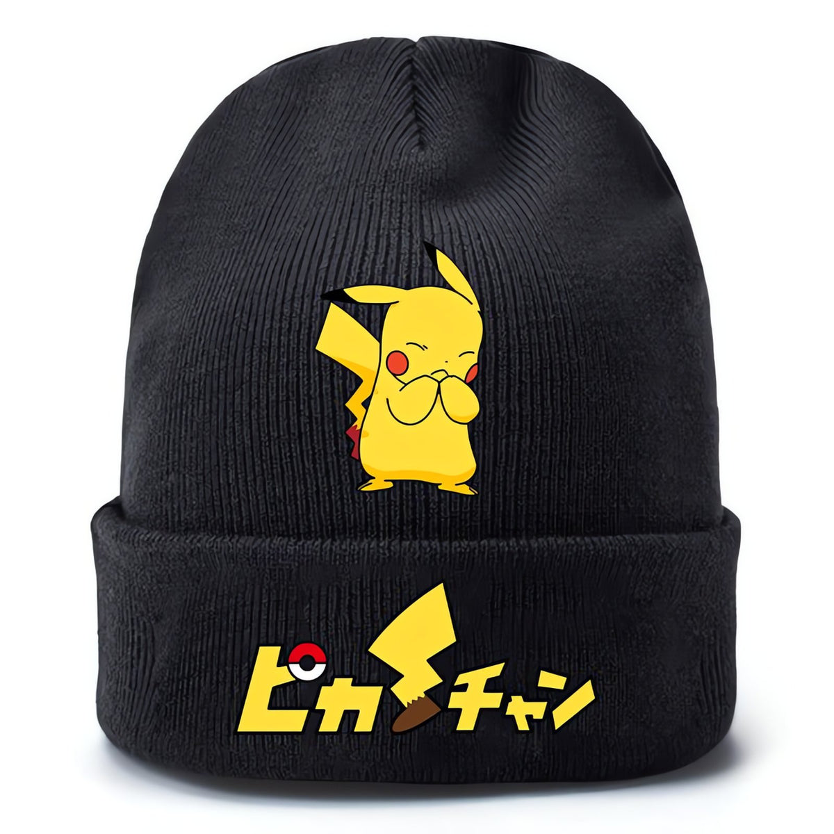 Black knitted Pikachu beanie hat with yellow print – Pikachu 16