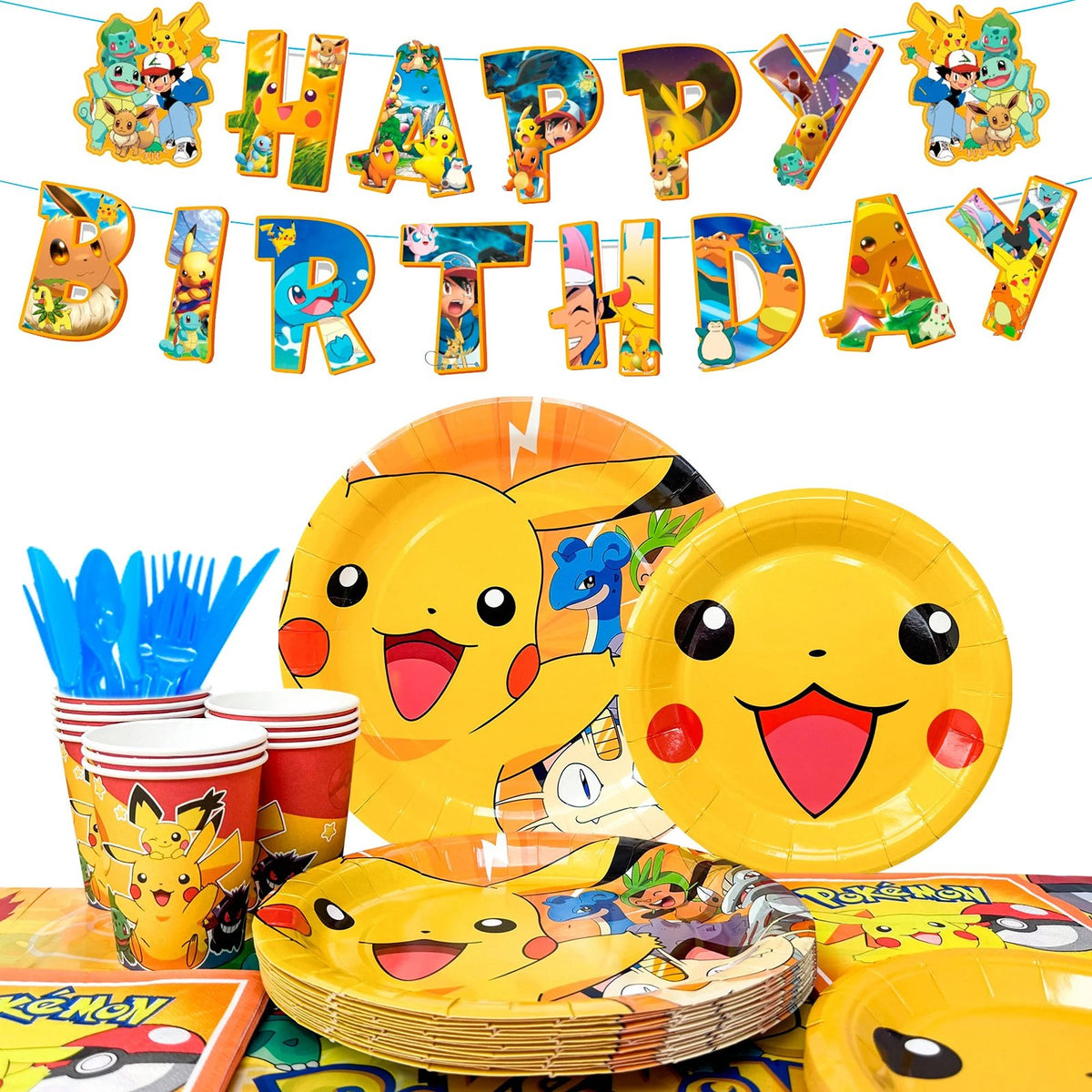Pikachu birthday party set with plates, cups and banner