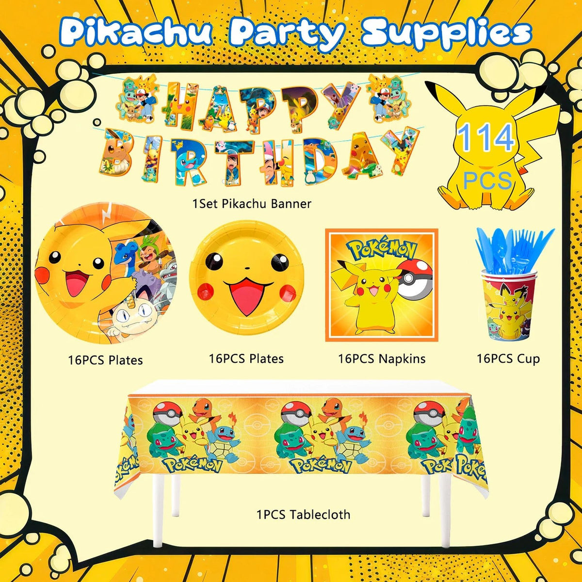 Pikachu birthday party set with plates, cups and banner – photo 6