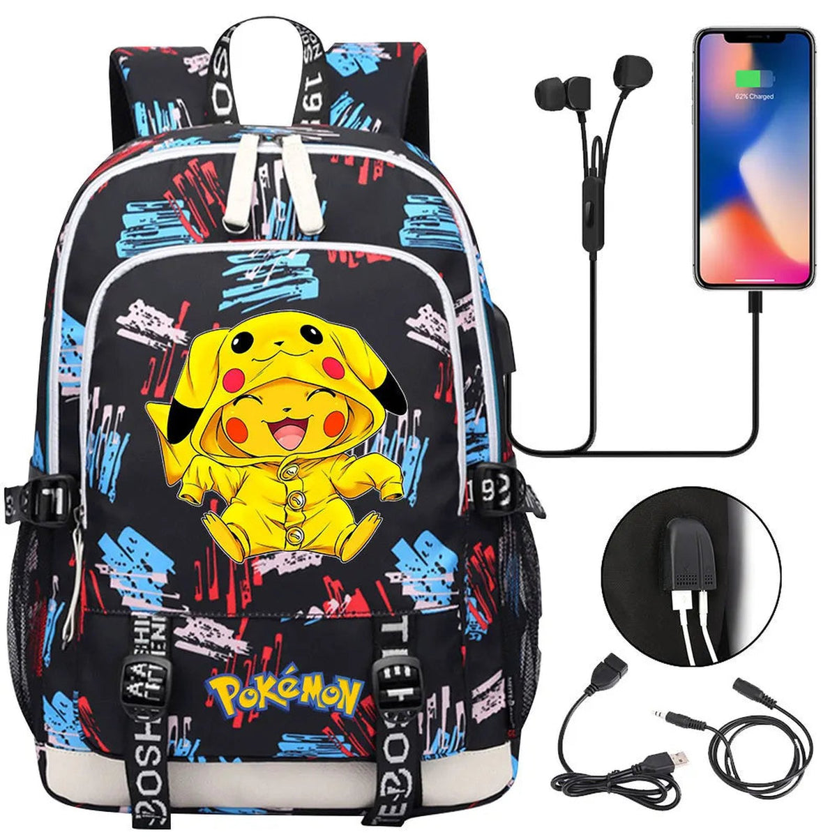 Pikachu canvas backpack with USB port