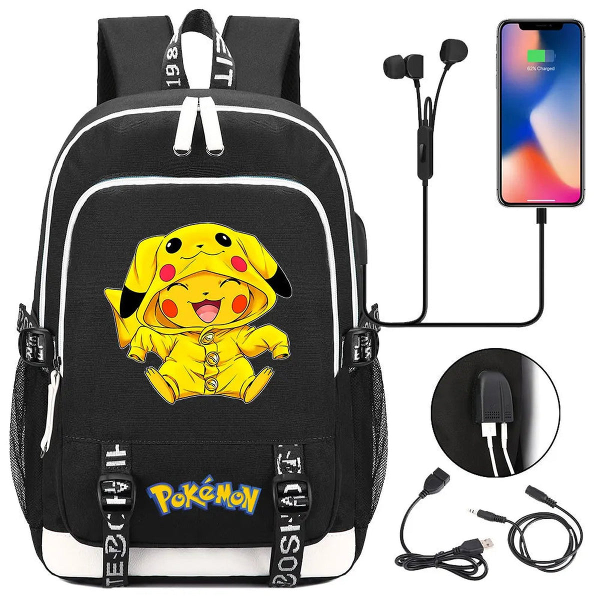 Pikachu canvas backpack with USB port – 002