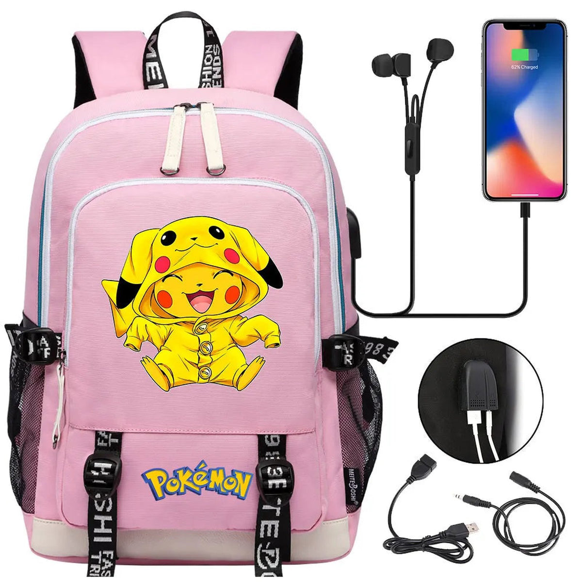 Pikachu canvas backpack with USB port – 004