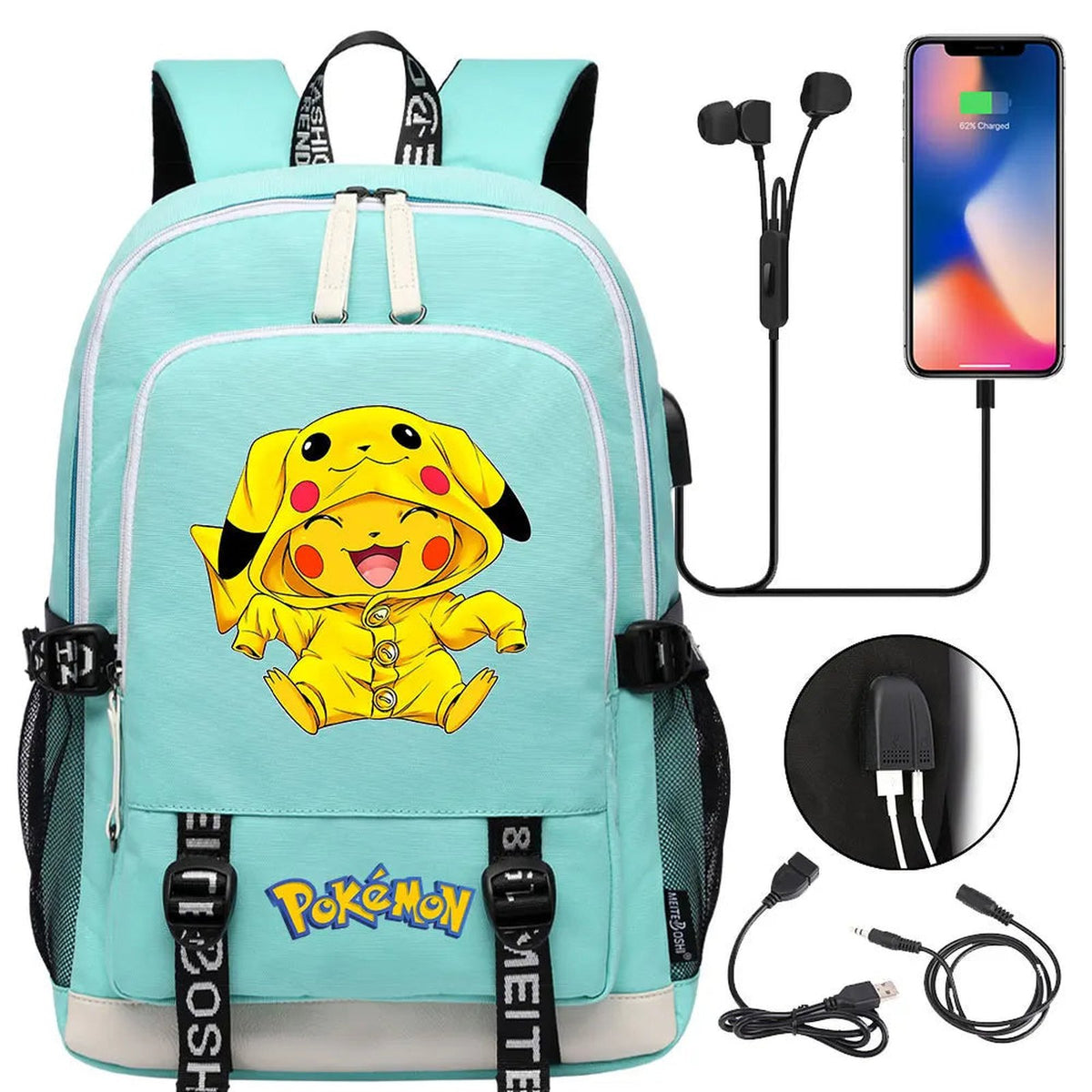Pikachu canvas backpack with USB port – 005