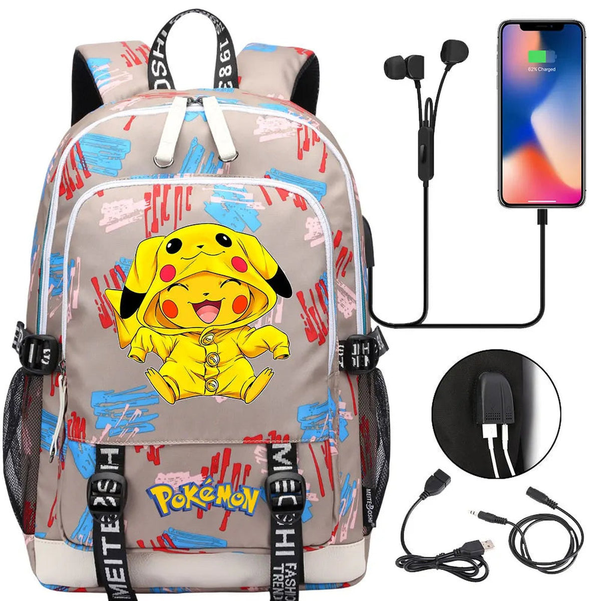 Pikachu canvas backpack with USB port – 008