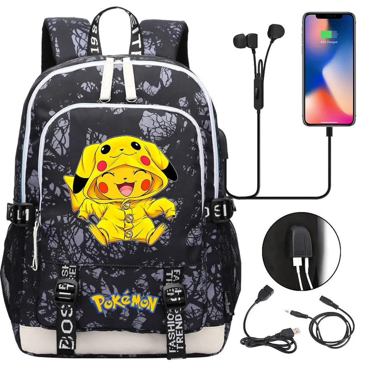 Pikachu canvas backpack with USB port – 010