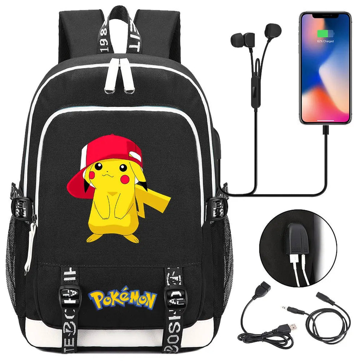 Pikachu canvas backpack with USB port – 012