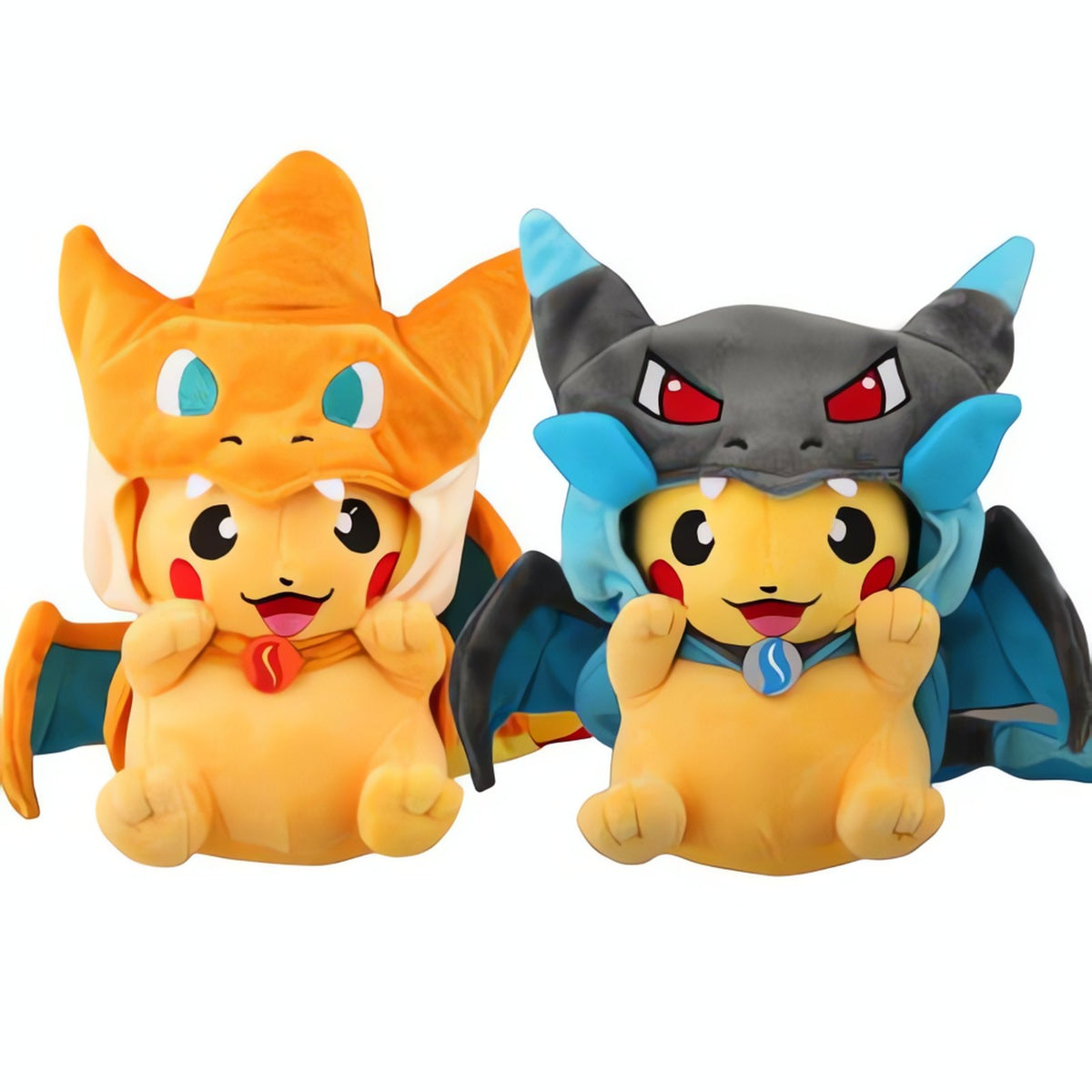 Two Pikachu plush toys dressed as Charizard