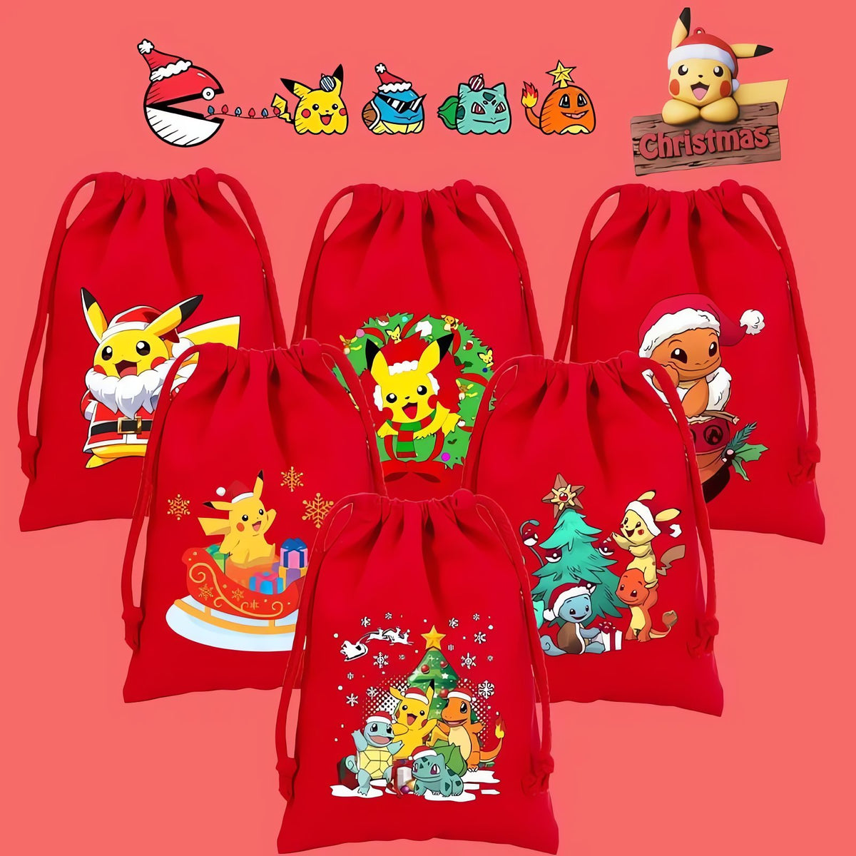 Pikachu Christmas drawstring gift bag