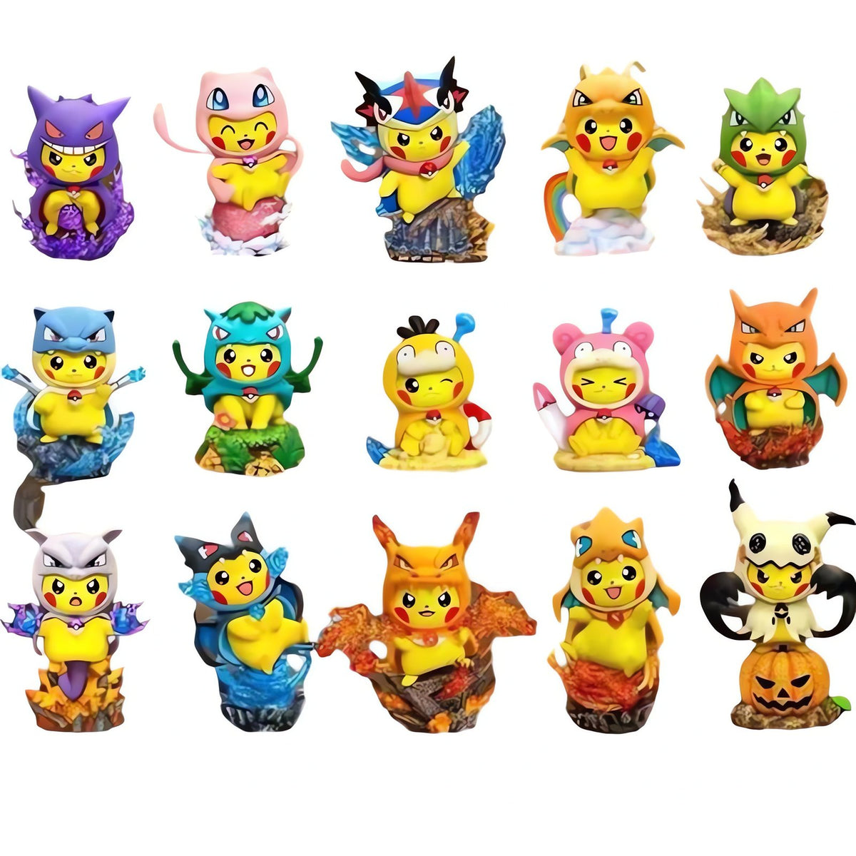 Pikachu cosplay figures in Pokémon costumes