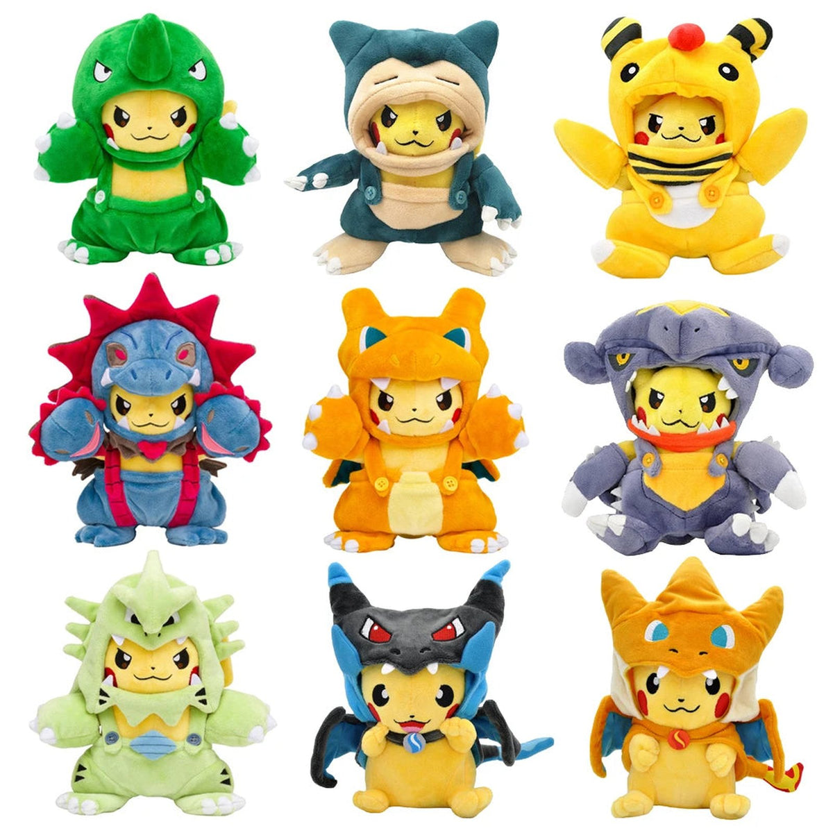 Pikachu cosplay plush toys in Pokémon costumes