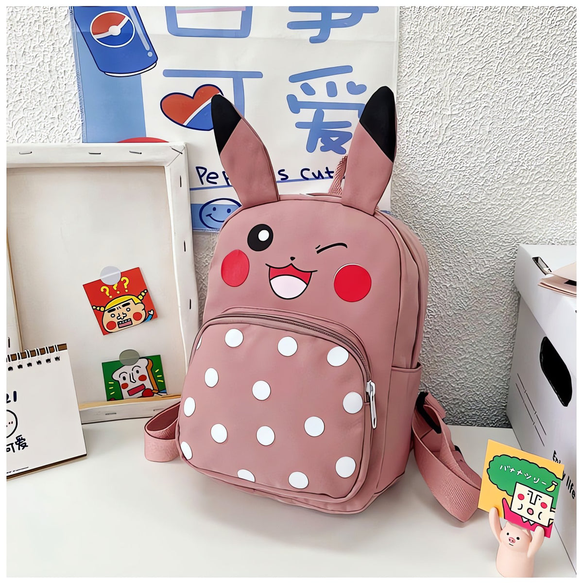 Pikachu backpack with dot design – Pink