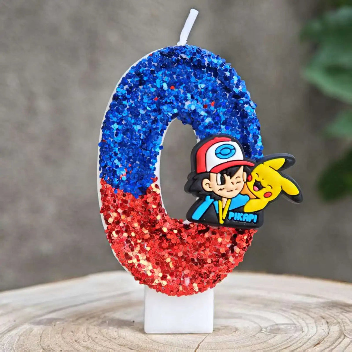 Glitter Pikachu birthday number candle – Blue and Red Ash and Pikachu 0