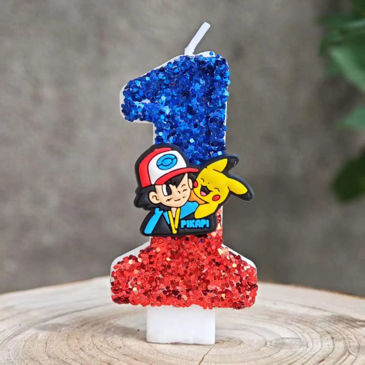 Glitter Pikachu birthday number candle – Blue and Red Ash and Pikachu 1
