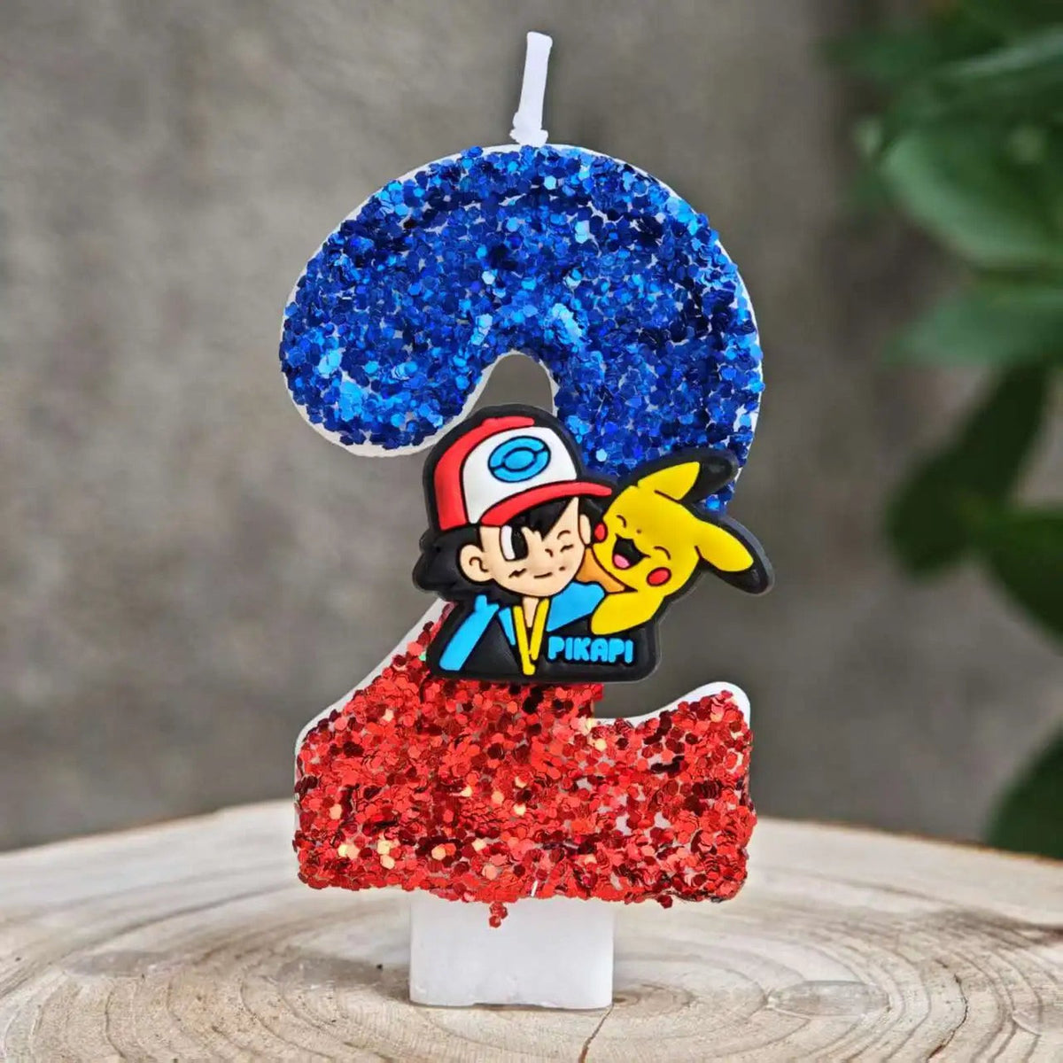 Glitter Pikachu birthday number candle – Blue and Red Ash and Pikachu 2