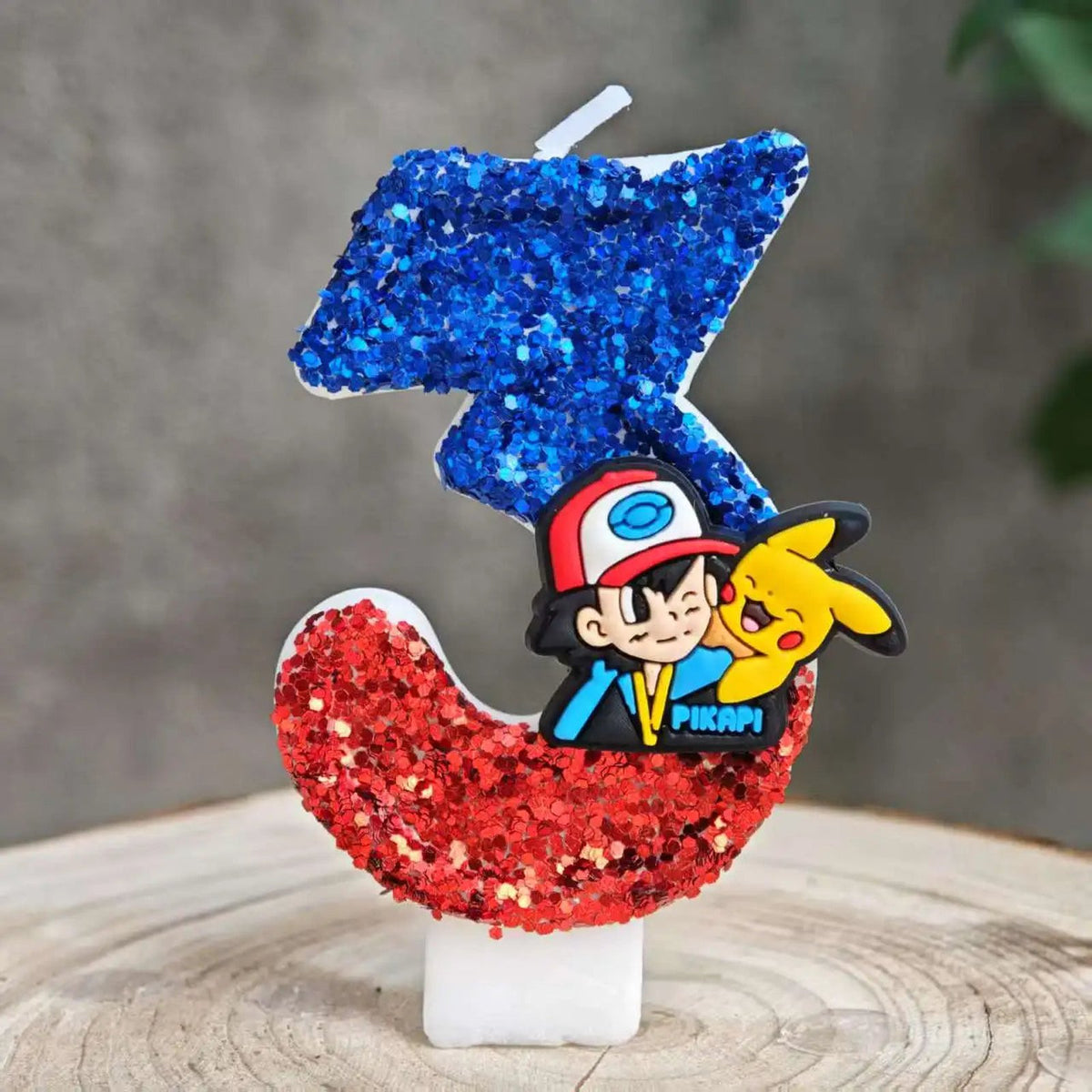 Glitter Pikachu birthday number candle – Blue and Red Ash and Pikachu 3