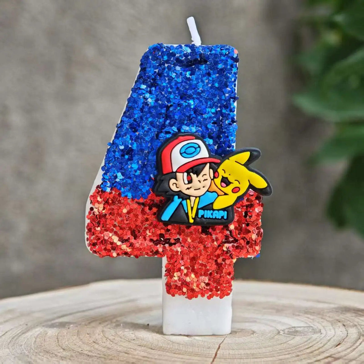 Glitter Pikachu birthday number candle – Blue and Red Ash and Pikachu 4