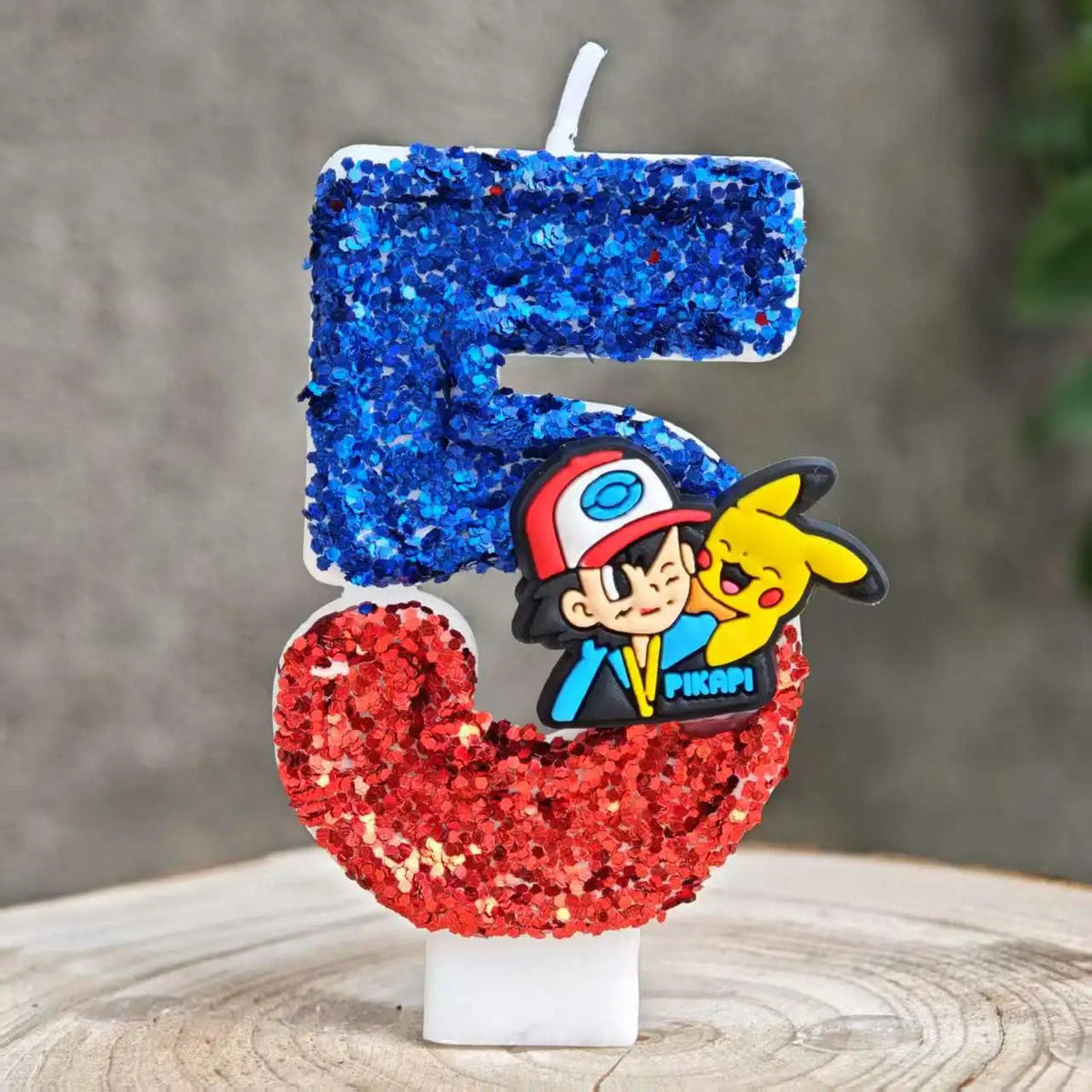 Glitter Pikachu birthday number candle – Blue and Red Ash and Pikachu 5
