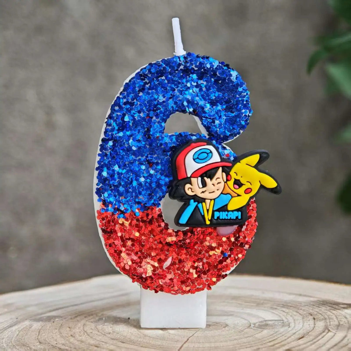 Glitter Pikachu birthday number candle – Blue and Red Ash and Pikachu 6