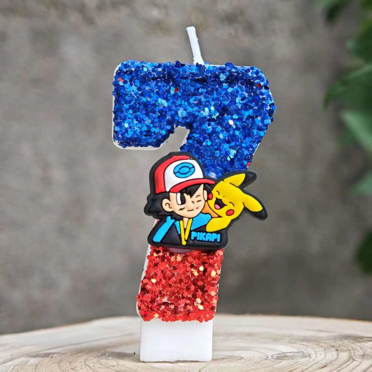 Glitter Pikachu birthday number candle – Blue and Red Ash and Pikachu 7