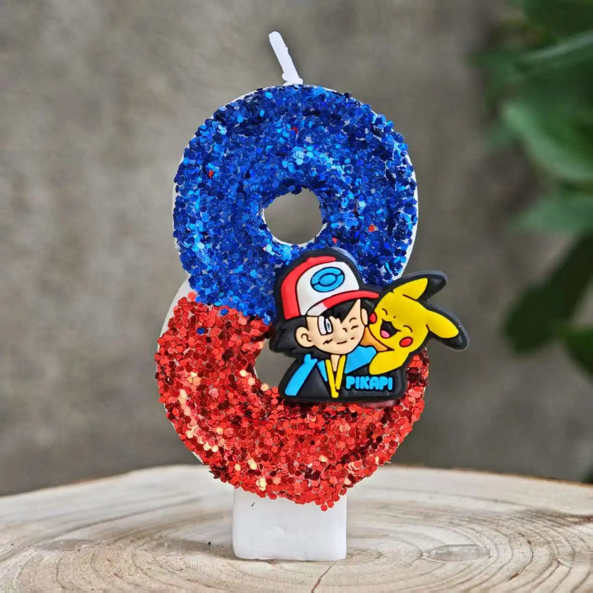 Glitter Pikachu birthday number candle – Blue and Red Ash and Pikachu 8