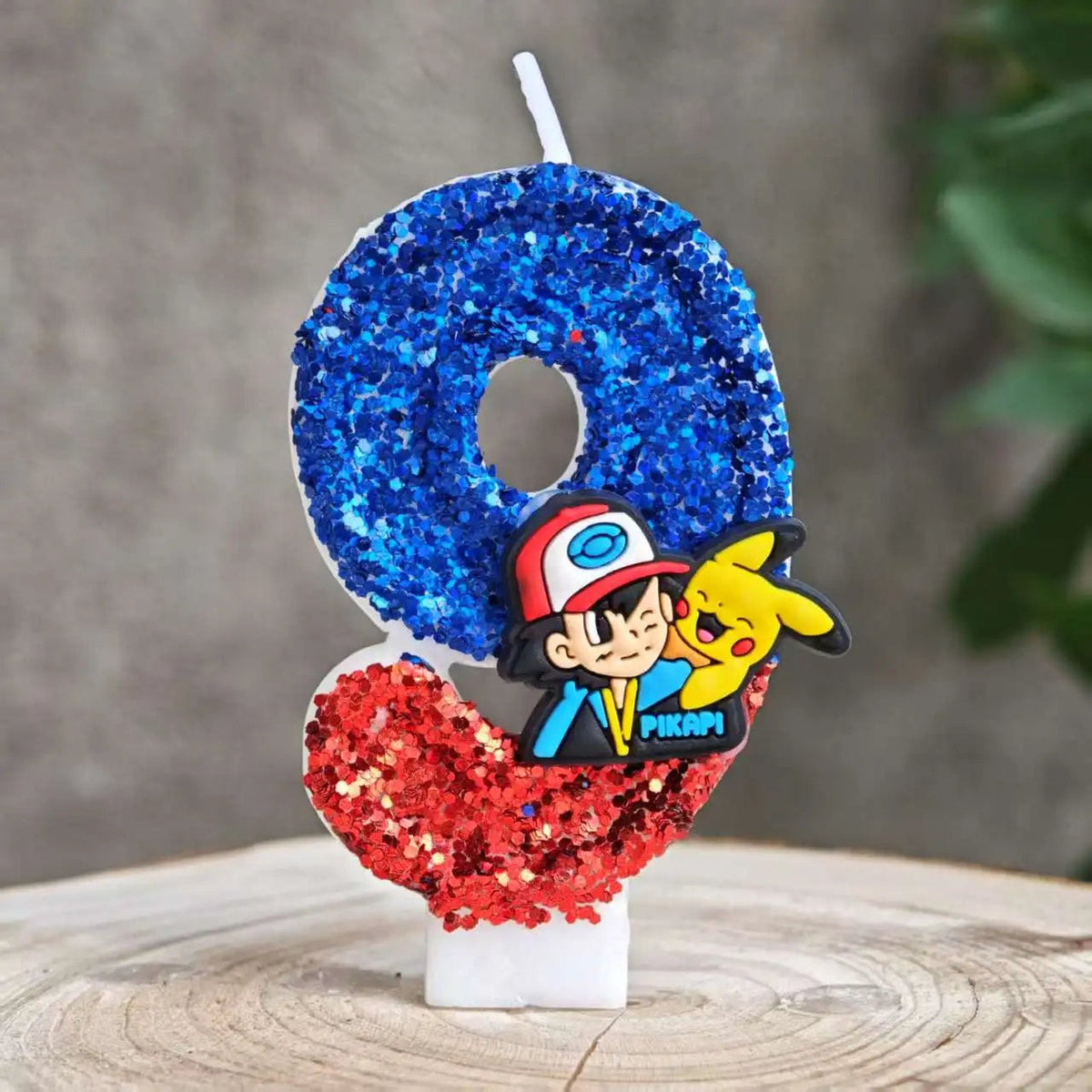 Glitter Pikachu birthday number candle – Blue and Red Ash and Pikachu 9