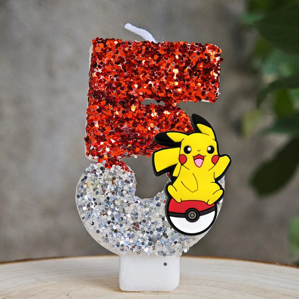 Glitter Pikachu birthday number candle – Red and Silver Pikachu 5