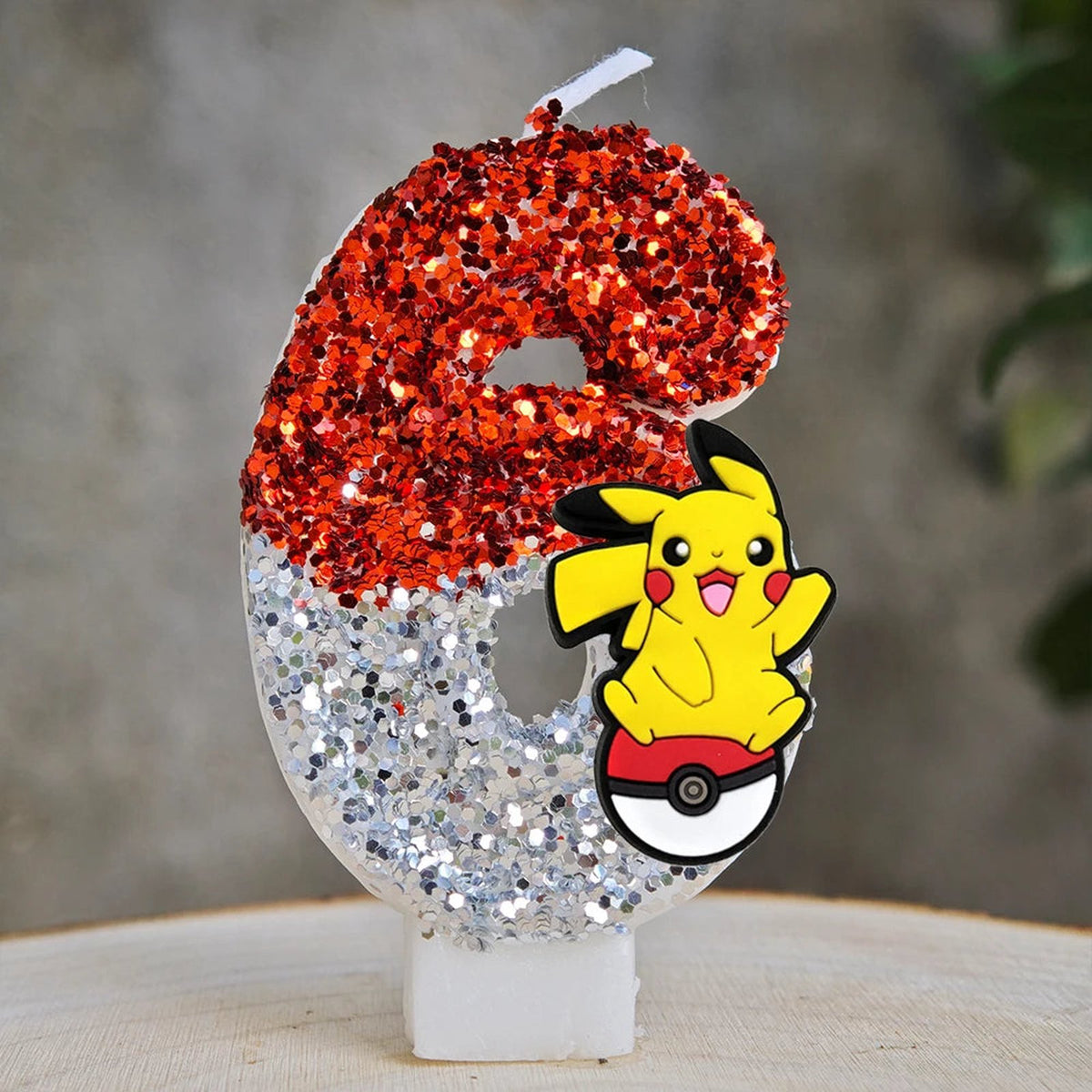 Glitter Pikachu birthday number candle – Red and Silver Pikachu 6
