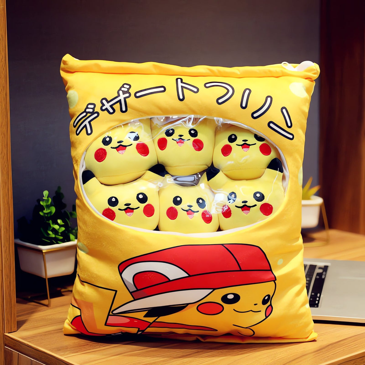 Pikachu plush bag cushion with 8 Pikachu toys