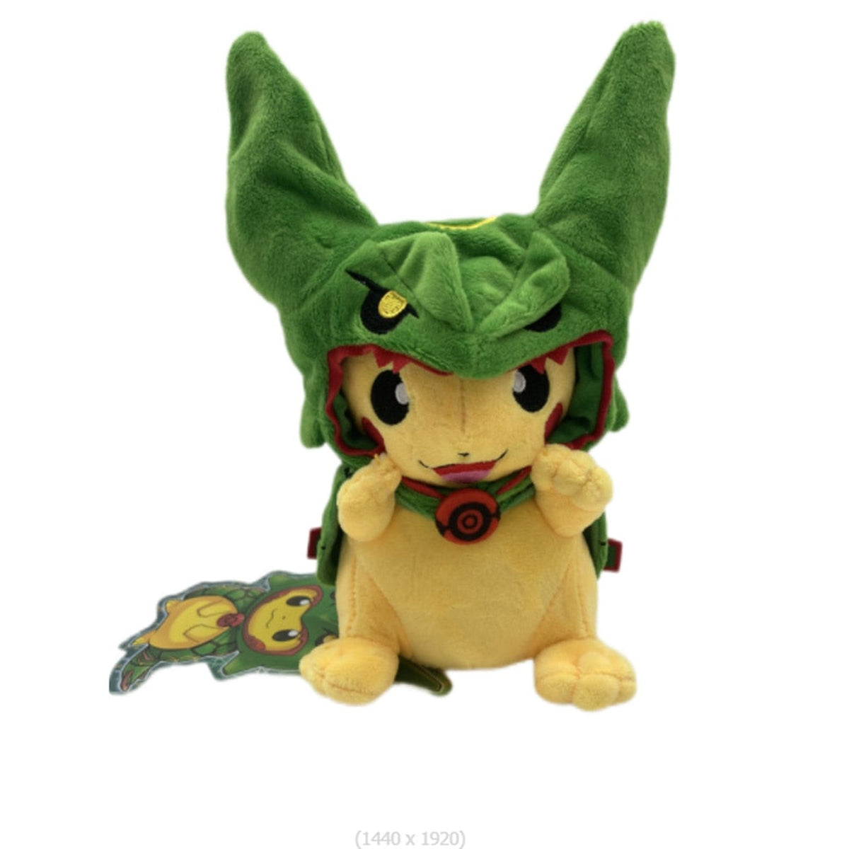 Pikachu plush toy in a Rayquaza costume, 23cm – Pikachu as Green Rayquaza, Open Mouth