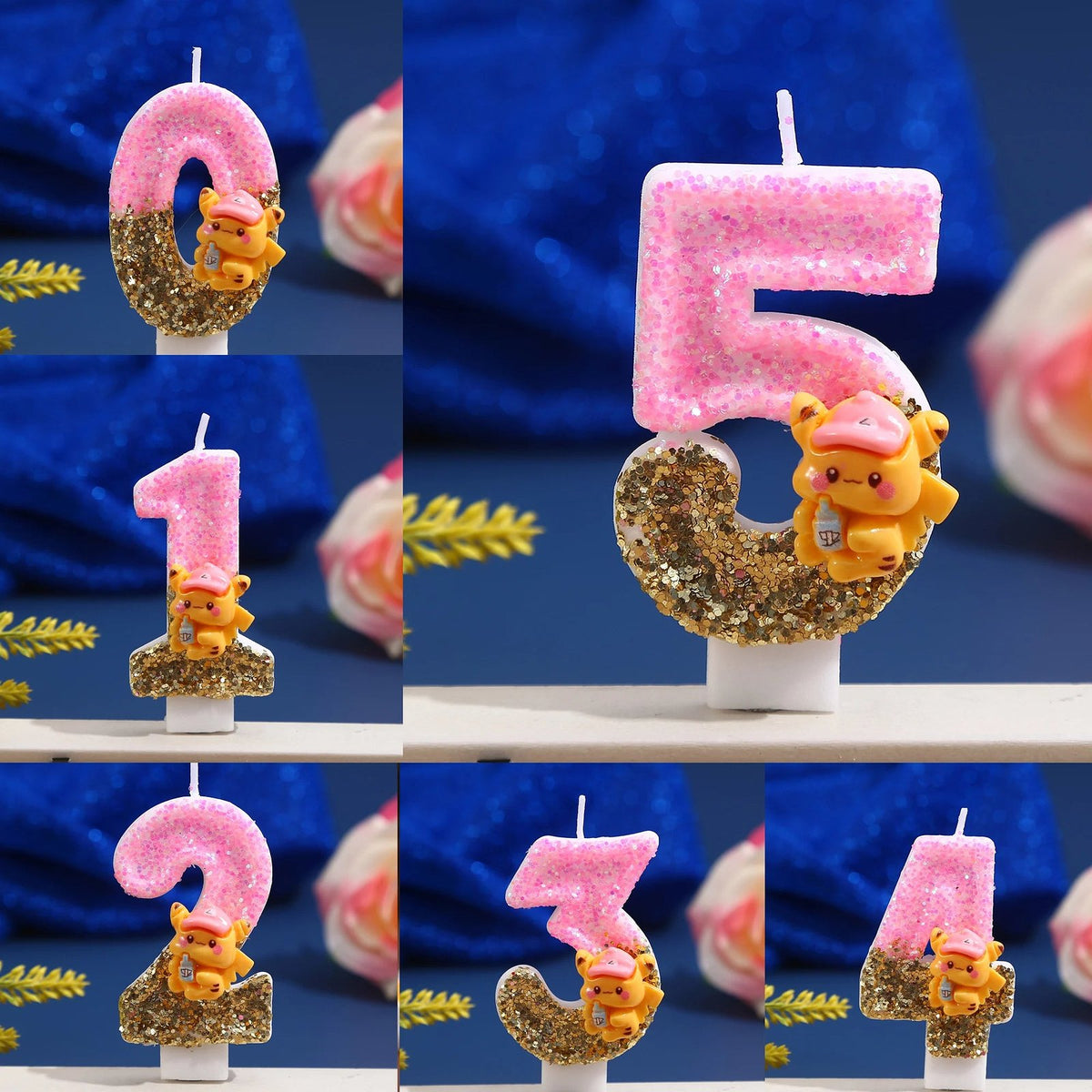 Pink Pikachu glitter birthday number candle